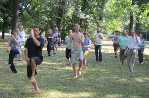 Open Free Tai-chi s Paulem Renallem (Nový Zéland) v parku na Letné